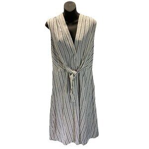 Tahari midi shirt tank Dress Size L Linen A Line Button Tie Striped‎  Nautical